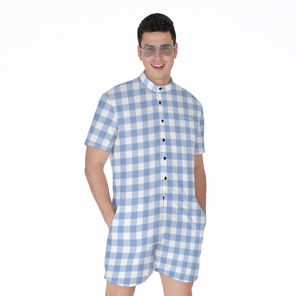 Cornflower Blue And White Gingham Print Men's Rompers