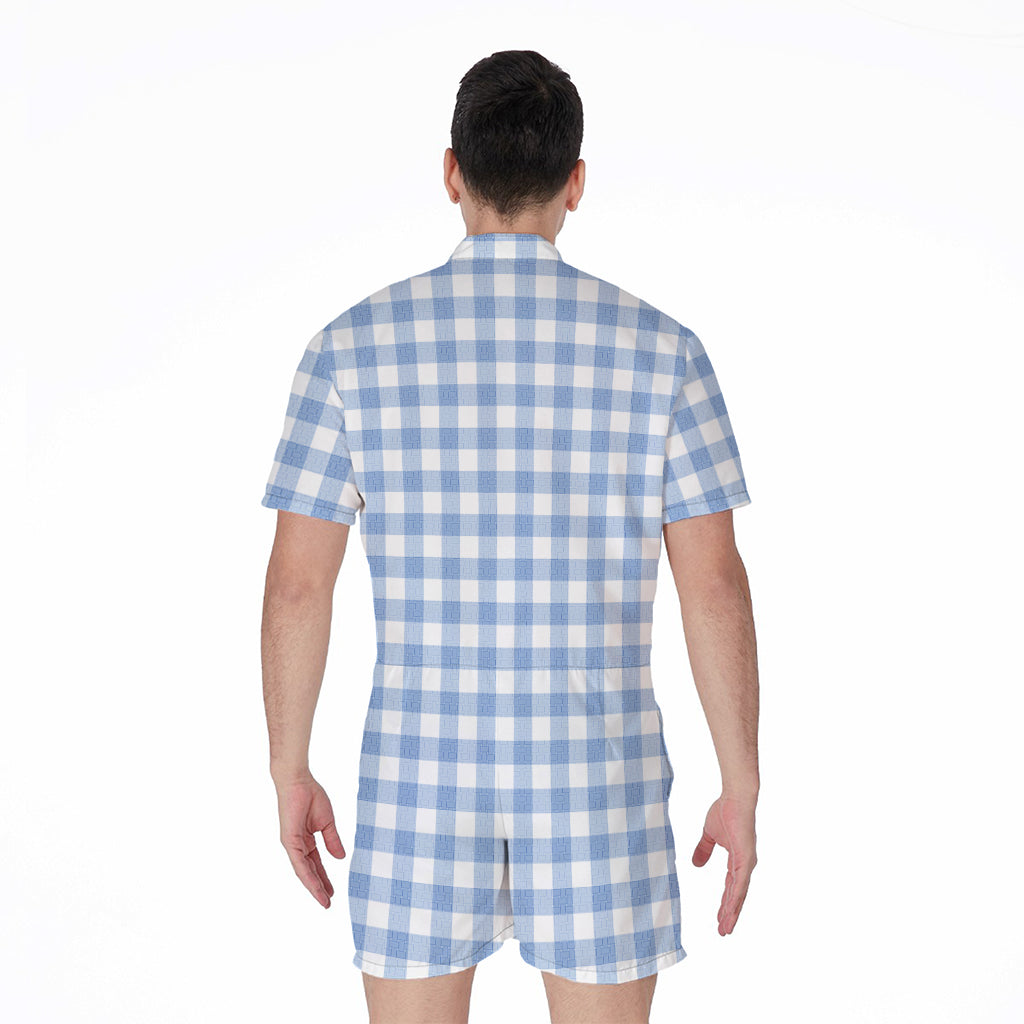 Cornflower Blue And White Gingham Print Men's Rompers