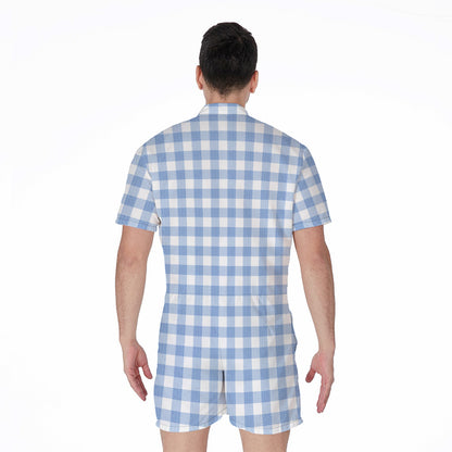 Cornflower Blue And White Gingham Print Men's Rompers