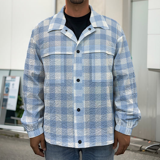 Cornflower Blue And White Gingham Print Men's Shirt Jacket