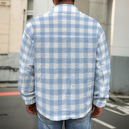 Cornflower Blue And White Gingham Print Men's Shirt Jacket