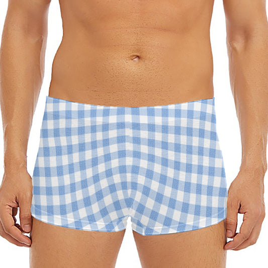 Cornflower Blue And White Gingham Print Men's Short Boxer Briefs