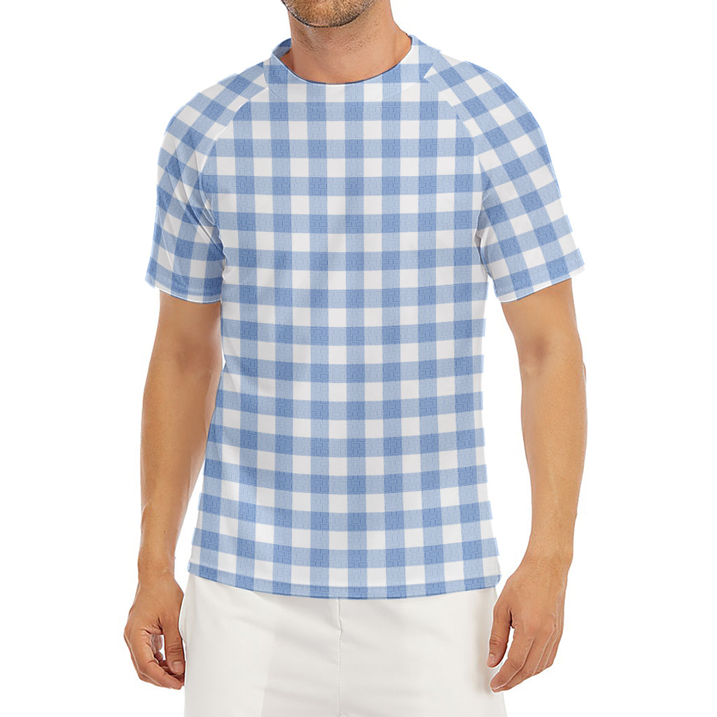 Cornflower Blue And White Gingham Print Men's Short Sleeve Rash Guard