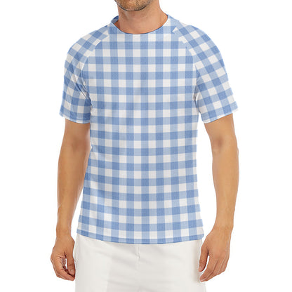 Cornflower Blue And White Gingham Print Men's Short Sleeve Rash Guard
