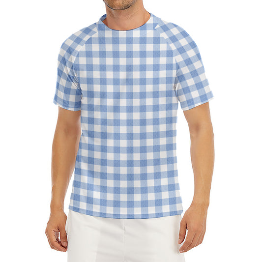 Cornflower Blue And White Gingham Print Men's Short Sleeve Rash Guard