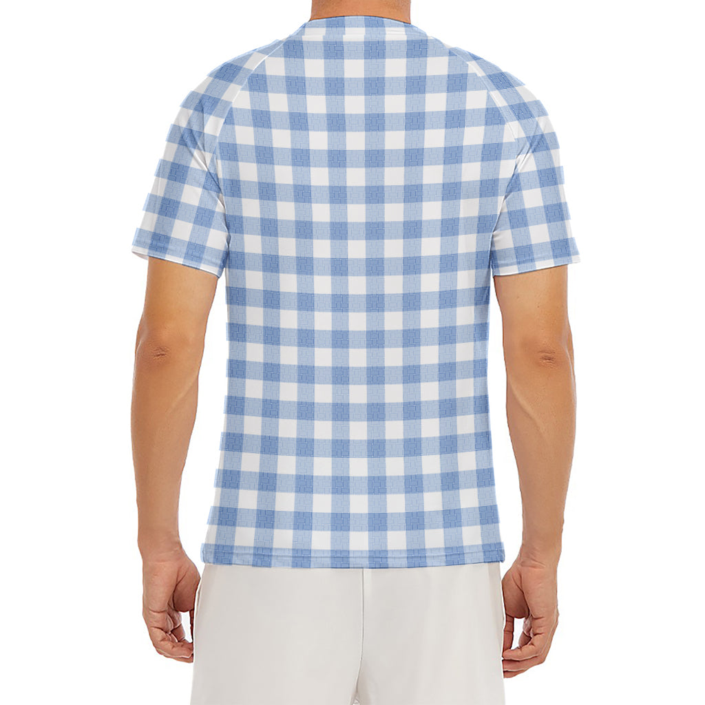 Cornflower Blue And White Gingham Print Men's Short Sleeve Rash Guard