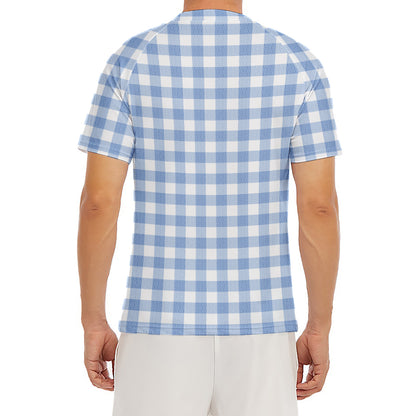 Cornflower Blue And White Gingham Print Men's Short Sleeve Rash Guard