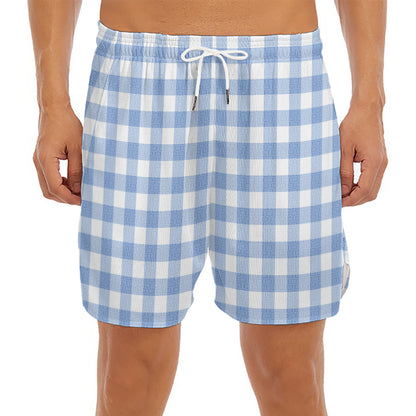 Cornflower Blue And White Gingham Print Men's Split Running Shorts