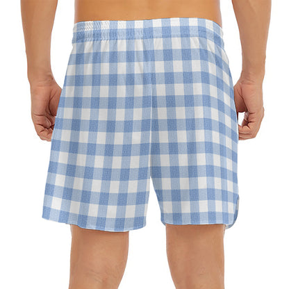 Cornflower Blue And White Gingham Print Men's Split Running Shorts