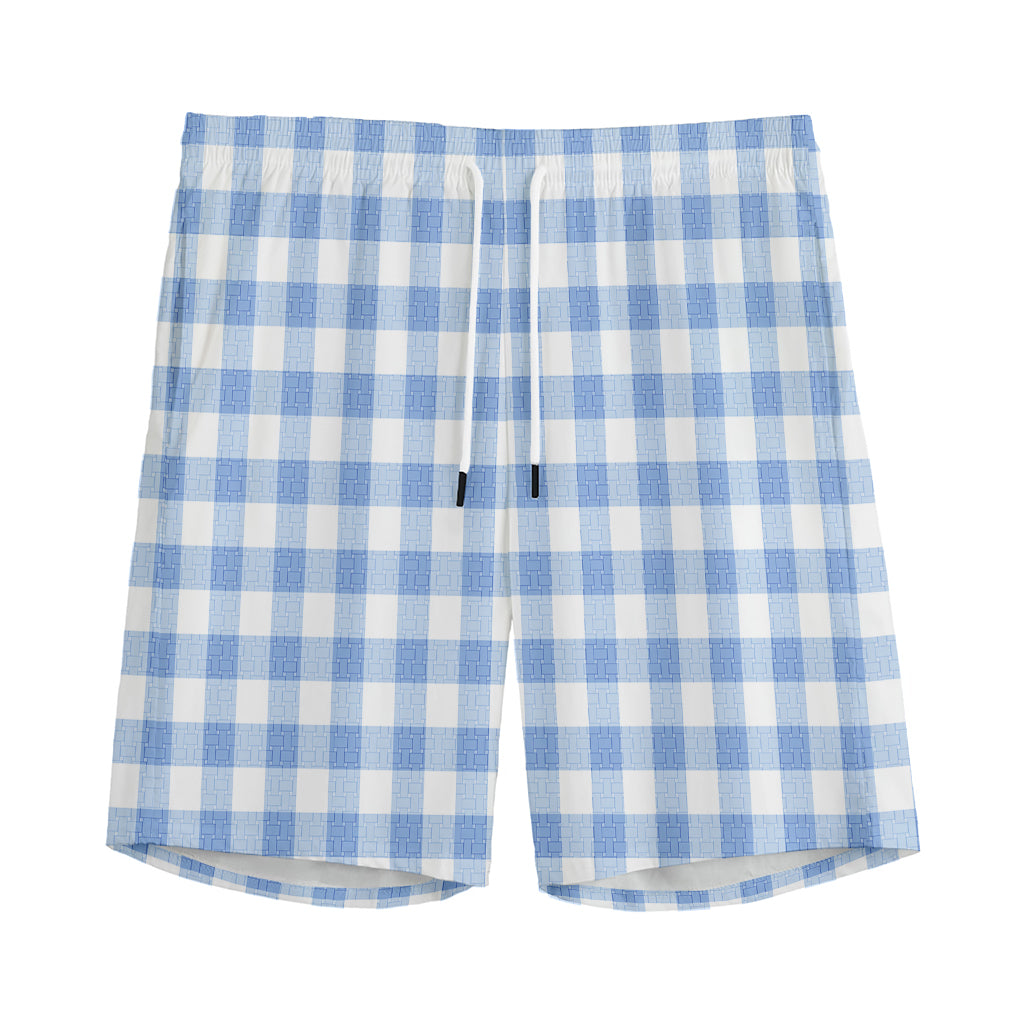 Cornflower Blue And White Gingham Print Men's Sports Shorts