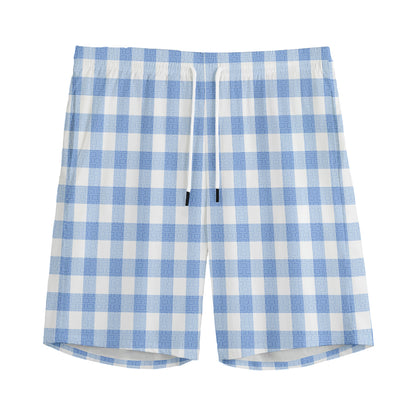 Cornflower Blue And White Gingham Print Men's Sports Shorts