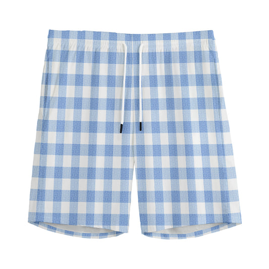 Cornflower Blue And White Gingham Print Men's Sports Shorts