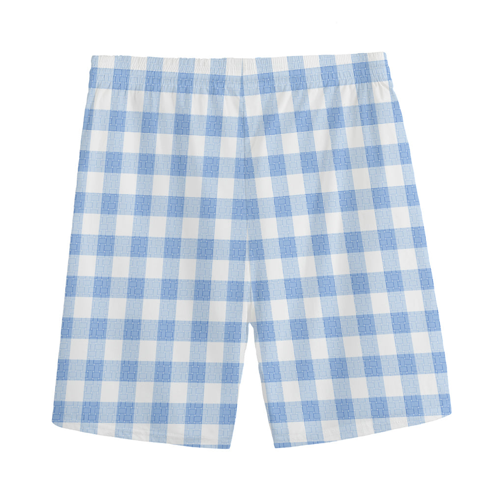 Cornflower Blue And White Gingham Print Men's Sports Shorts