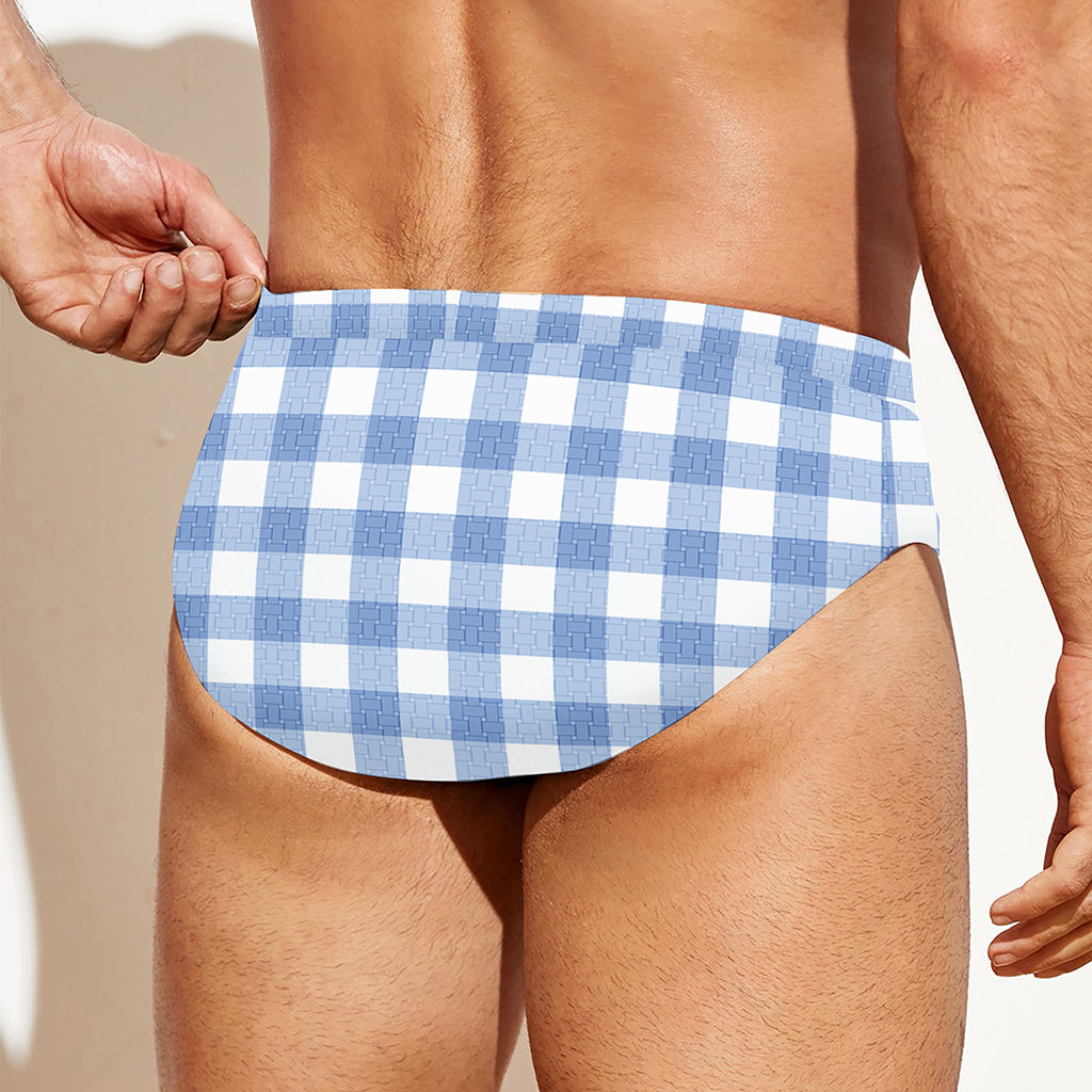 Cornflower Blue And White Gingham Print Men's Swim Briefs