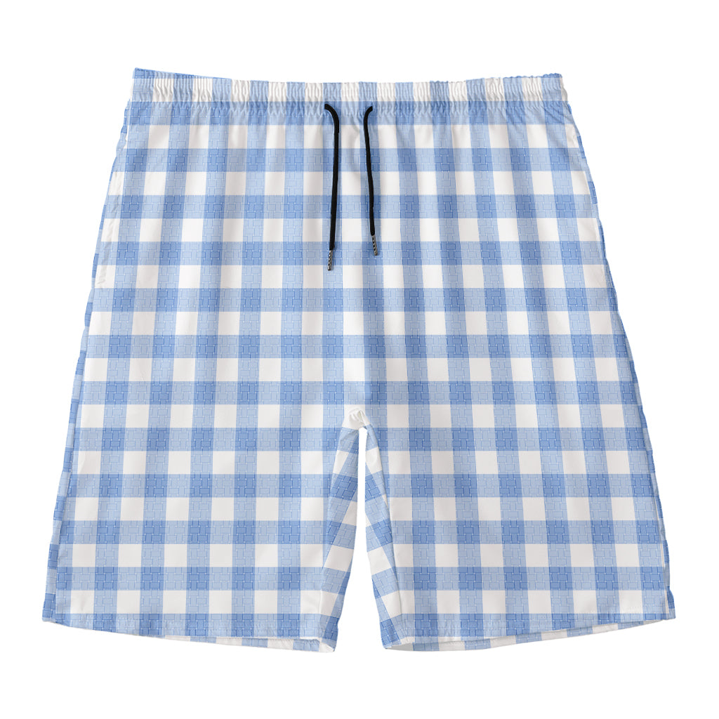 Cornflower Blue And White Gingham Print Men's Swim Trunks