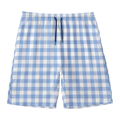 Cornflower Blue And White Gingham Print Men's Swim Trunks
