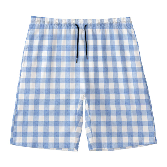 Cornflower Blue And White Gingham Print Men's Swim Trunks