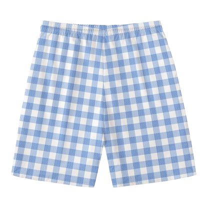 Cornflower Blue And White Gingham Print Men's Swim Trunks