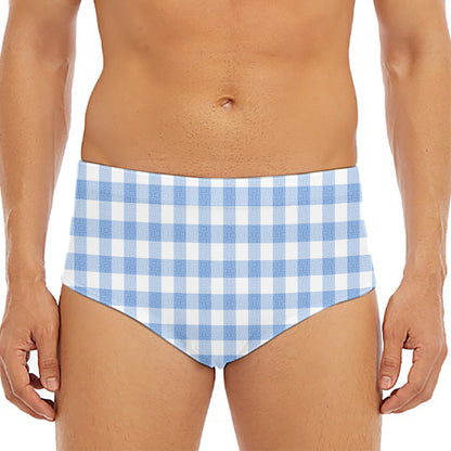 Cornflower Blue And White Gingham Print Men's Triangle Swim Briefs