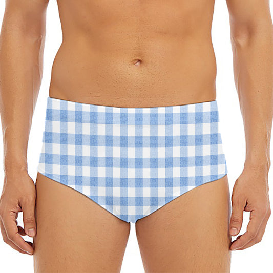 Cornflower Blue And White Gingham Print Men's Triangle Swim Briefs