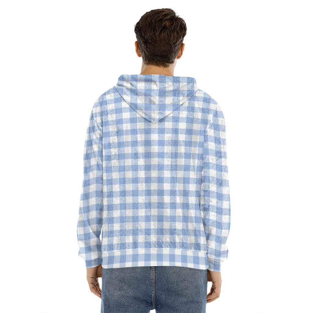 Cornflower Blue And White Gingham Print Men's Velvet Pullover Hoodie