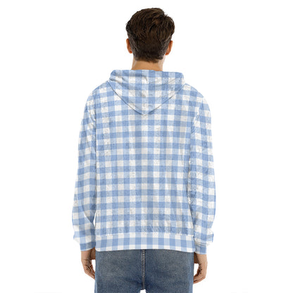 Cornflower Blue And White Gingham Print Men's Velvet Pullover Hoodie