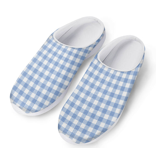 Cornflower Blue And White Gingham Print Mesh Casual Shoes
