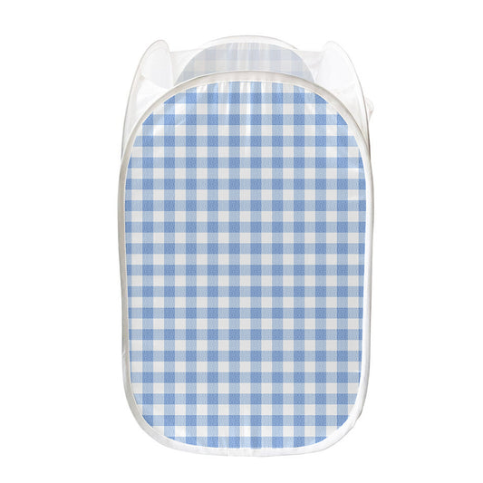 Cornflower Blue And White Gingham Print Mesh Laundry Hamper