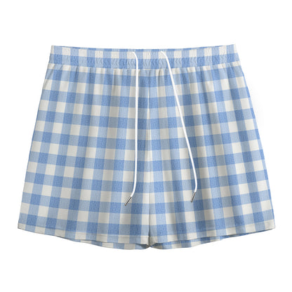 Cornflower Blue And White Gingham Print Mesh Shorts
