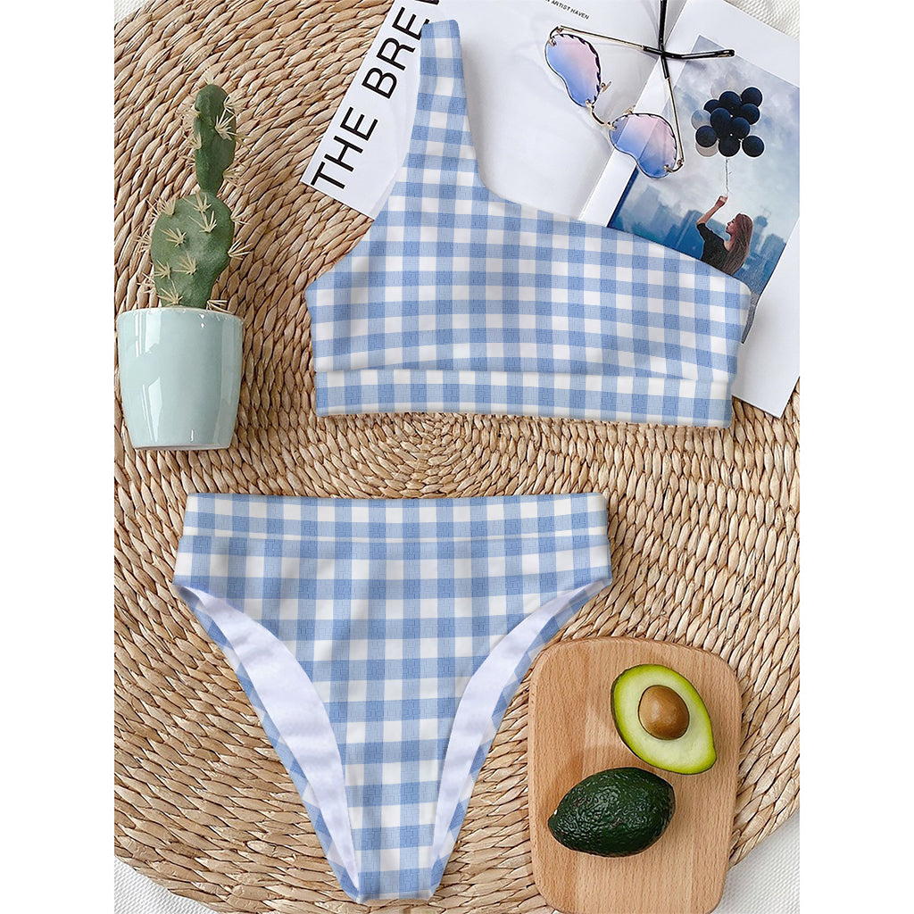 Cornflower Blue And White Gingham Print One Shoulder Bikini Top