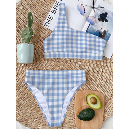 Cornflower Blue And White Gingham Print One Shoulder Bikini Top