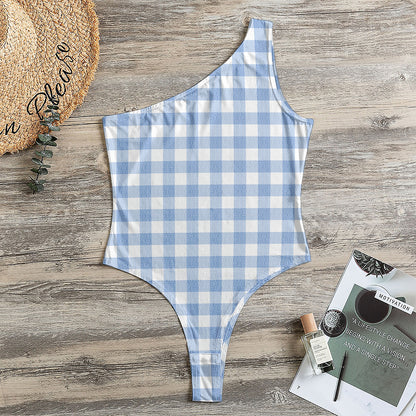 Cornflower Blue And White Gingham Print One Shoulder Bodysuit