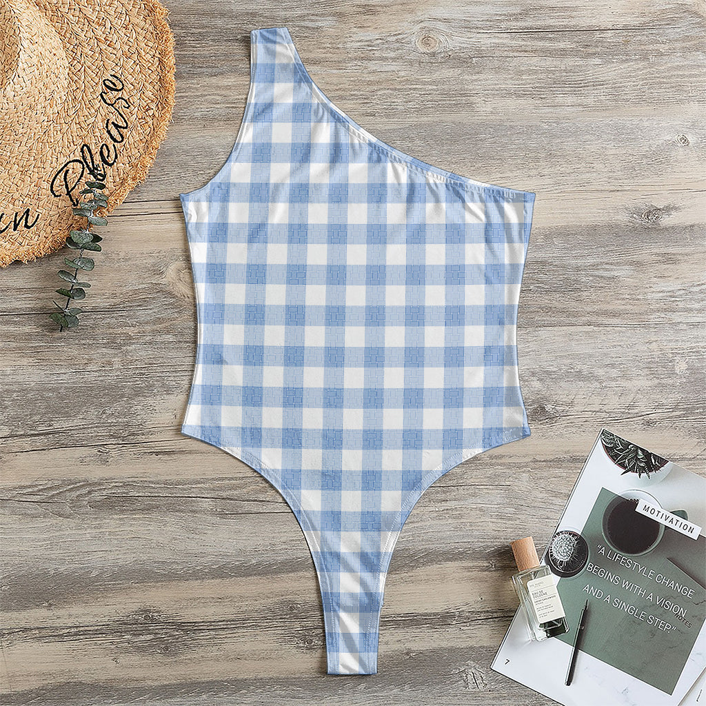 Cornflower Blue And White Gingham Print One Shoulder Bodysuit