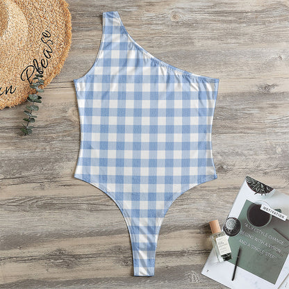 Cornflower Blue And White Gingham Print One Shoulder Bodysuit