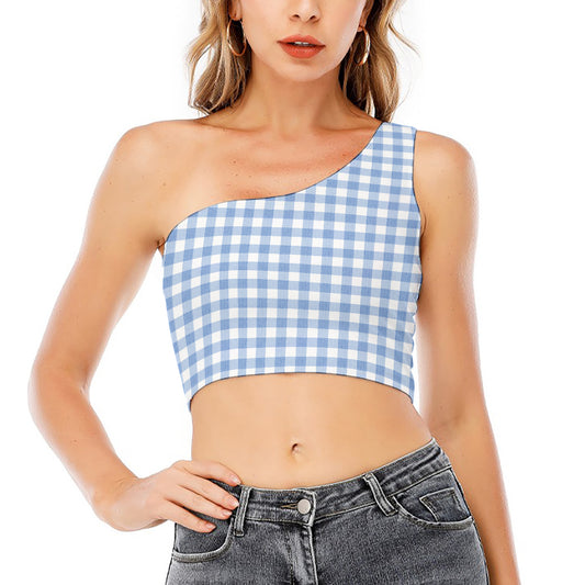 Cornflower Blue And White Gingham Print One Shoulder Crop Top