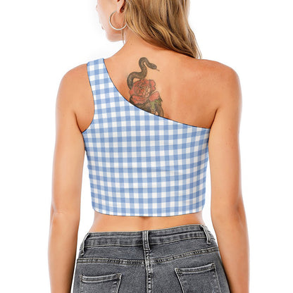 Cornflower Blue And White Gingham Print One Shoulder Crop Top