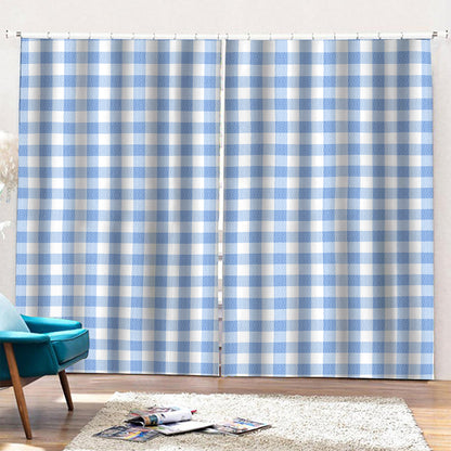 Cornflower Blue And White Gingham Print Pencil Pleat Curtains