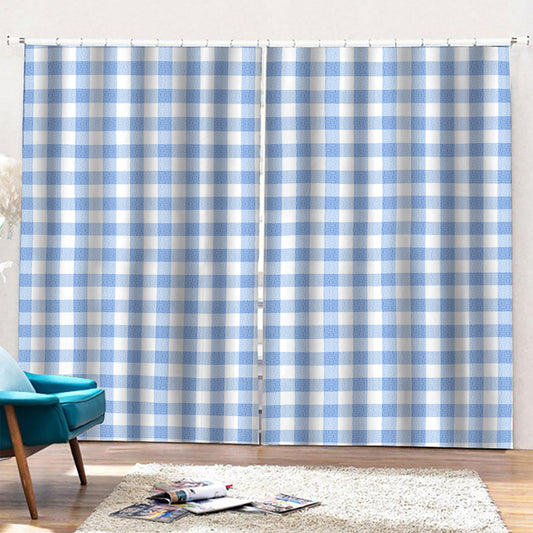 Cornflower Blue And White Gingham Print Pencil Pleat Curtains