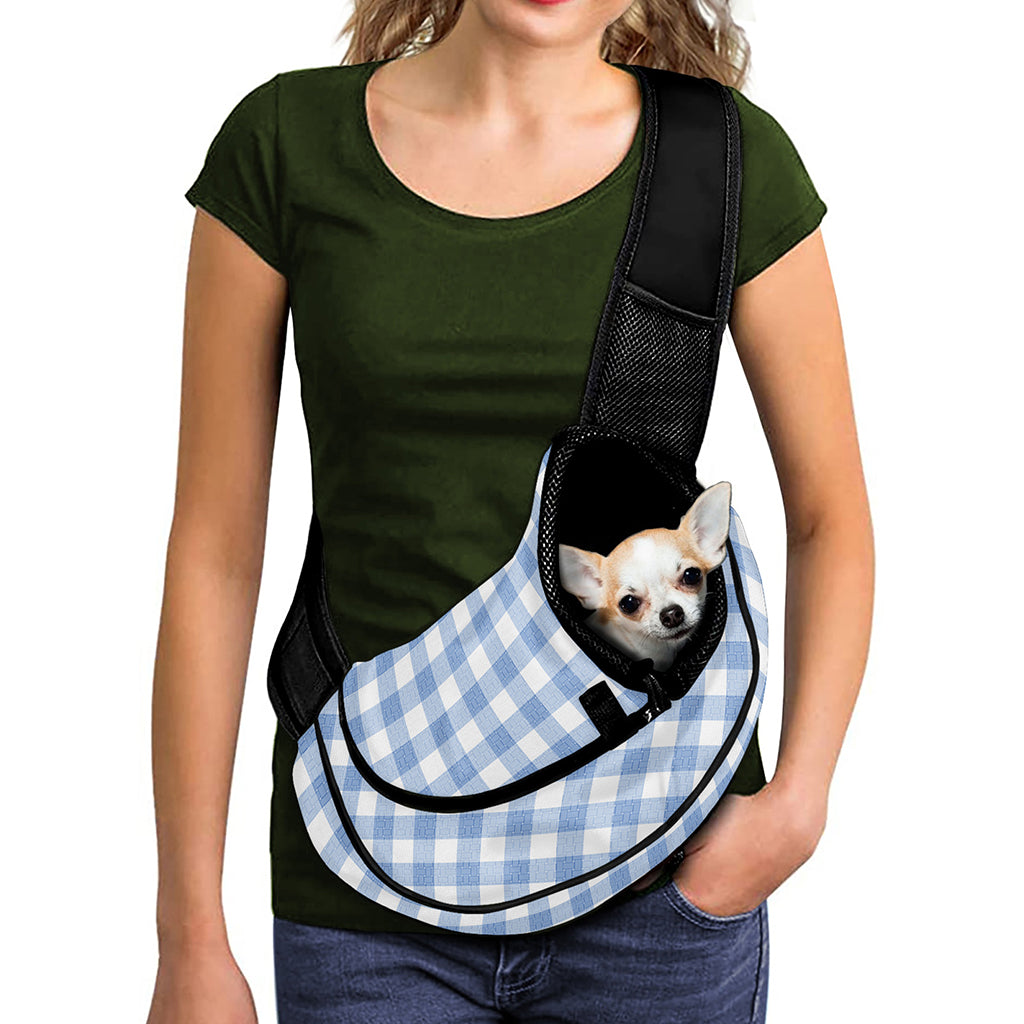 Cornflower Blue And White Gingham Print Pet Sling Carrier