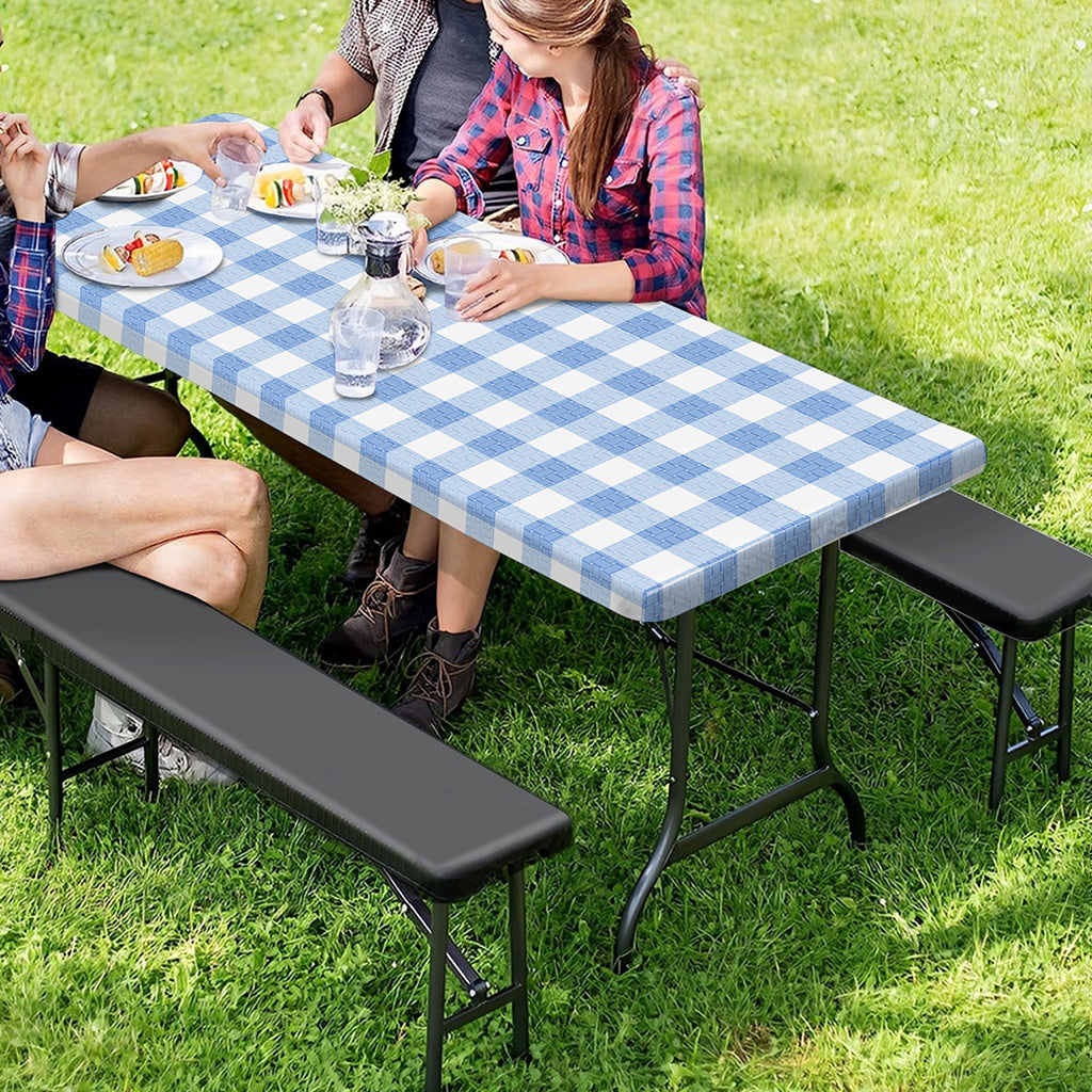 Cornflower Blue And White Gingham Print Picnic Table Cover