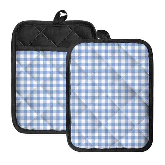 Cornflower Blue And White Gingham Print Pot Holders With Pocket