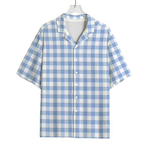 Cornflower Blue And White Gingham Print Rayon Hawaiian Shirt