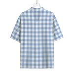 Cornflower Blue And White Gingham Print Rayon Hawaiian Shirt