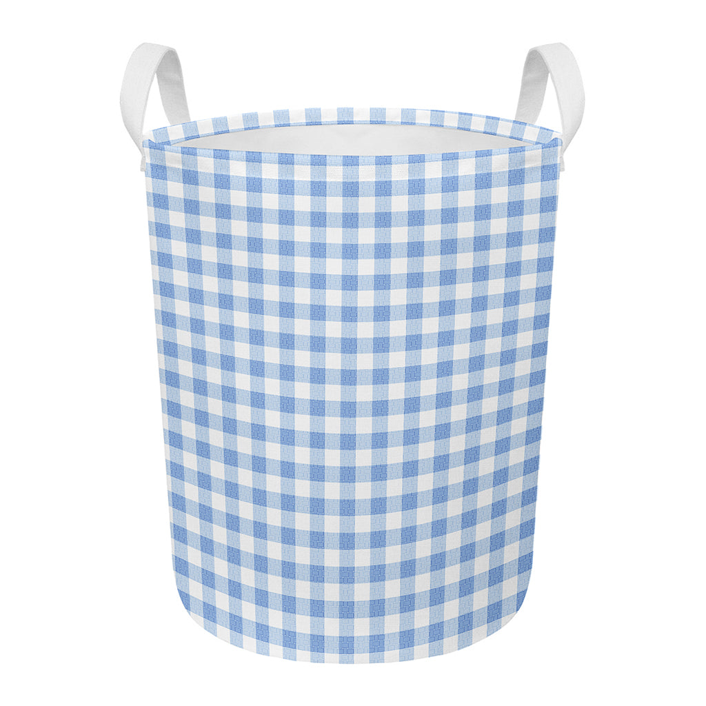 Cornflower Blue And White Gingham Print Round Laundry Basket