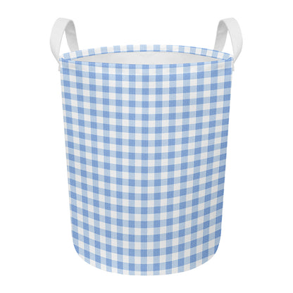 Cornflower Blue And White Gingham Print Round Laundry Basket