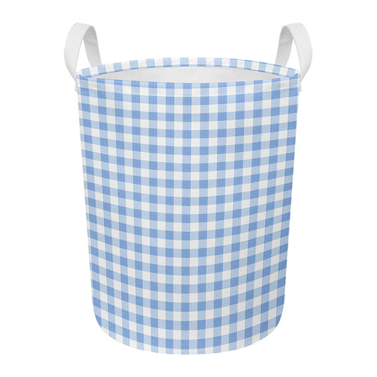 Cornflower Blue And White Gingham Print Round Laundry Basket
