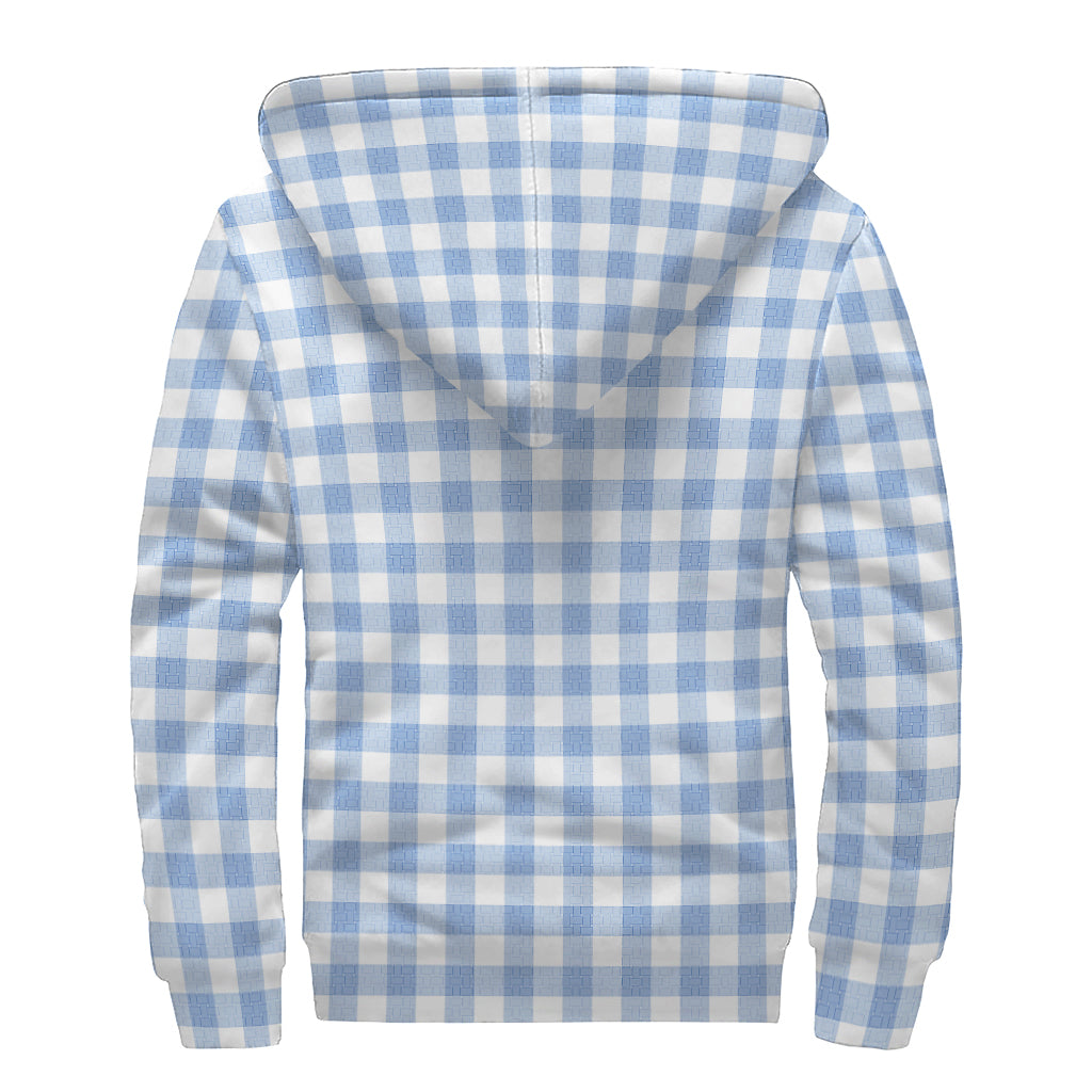 Cornflower Blue And White Gingham Print Sherpa Lined Zip Up Hoodie