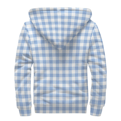 Cornflower Blue And White Gingham Print Sherpa Lined Zip Up Hoodie