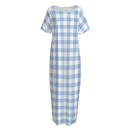 Cornflower Blue And White Gingham Print Short Sleeve Long Nightdress