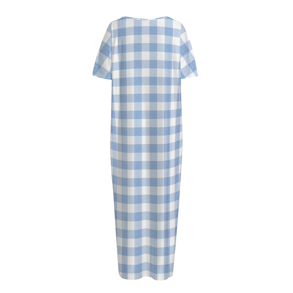 Cornflower Blue And White Gingham Print Short Sleeve Long Nightdress